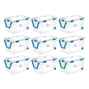 Sterilite Multipurpose 120 Quart Clear Plastic Home or Office Storage Container Tote Box Set with Secure Gasket Latching Lid and Wheels, 9 Pack