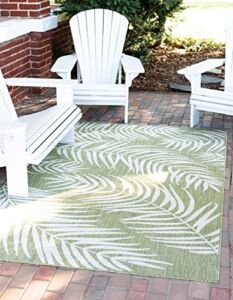 Unique Loom Outdoor Botanical Collection Floral, Coastal, Bohemian, Leaves, Indoor and Outdoor Area Rug (9′ 0 x 12′ 0 Rectangular, Green/Ivory)