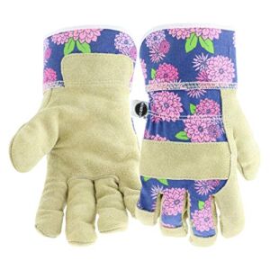 Miracle-Gro MG23012/WSM Split Cowhide Garden Gloves – Floral, Small-Medium, Canvas Back Leather Palm Gloves for Women