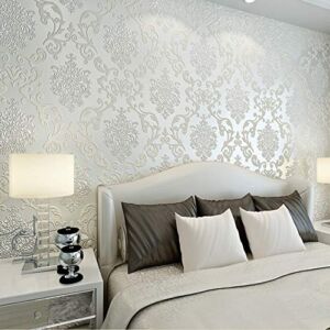 DAWEI 3D Luxury Damask Pearl Powder Non-Woven Wallpaper Roll for Living Room Cream Color 1.73’W x 32.8’L