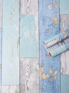 Art3d 17.7″x78.7″ Peel and Stick Wallpaper – Decorative Self Adhesive Vinyl Film Wood Grain Wallpaper for Furniture Cabinet Countertop Shelf Paper, Blue Distressed Wood