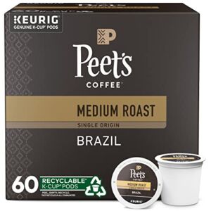 Peet’s Coffee, Medium Roast K-Cup Pods for Keurig Brewers – Single Origin Brazil 60 Count (6 Boxes of 10 K-Cup Pods) Packaging May Vary