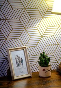 197In x17.7In White and Gold Geometry Stripped Hexagon Peel and Stick Wallpaper Gold Stripes Wallpaper White Paper Removable Self Adhesive Vinyl Film Decorative Shelf Drawer Liner Roll