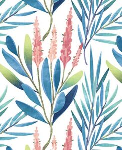 HaokHome 93028 Watercolor Leaf Floral Peel and Stick Wallpaper Removable White/Blue/Pink Vinyl Self Adhesive Shelf Liner 17.7in x 9.8ft