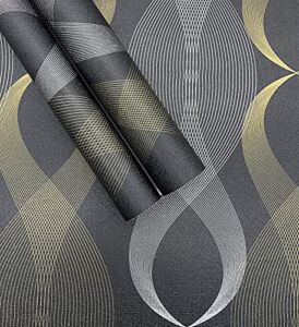 17.7″ x 78″ Black Self Adhesive Wallpaper Geometric Figure Peel and Stick Wallpaper Modern Stripe Silver/Gold Furniture Renovation Waterproof Vinyl Decorative Wallpaper