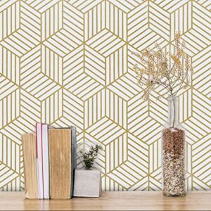Gold and White Geometric Wallpaper Peel and Stick Wallpaper Hexagon Removable Self Adhesive Wallpaper Gold Stripes Geometric Paper Vinyl Film Decorative Shelf Drawer Liner Roll Waterproof 17.7”×197”