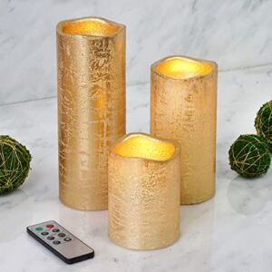 TABLECLOTHSFACTORY Set of 3 Metallic Gold Flameless Candles Battery Operated LED Pillar Candle Lights with Remote Timer – 4″ / 6” / 8”