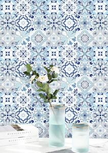 Dimoon 17.7”x118” Floral Contact Paper Thicken for Kitchen White Blue Wallpaper Flower Peel and Stick Wallpaper Removable White Blue Tile Wall Paper Waterproof Embossed Self Adhesive Liner Vinyl
