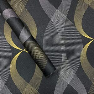 Black Wallpaper Peel and Stick Wallpaper 17.7″x236″ Black and Gold Stripe Wallpaper Removable Contact Paper Self Adhesive Waterproof Vinyl Film for Wall Covering Bedroom Decorative