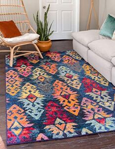 Unique Loom Sedona Collection Southwestern, Over-Dyed, Modern, Pattern, Tribal, Abstract Area Rug, 4′ 0″ x 6′ 0″, Navy Blue/Gray