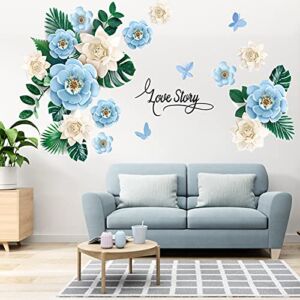 3D Trendy Peony Flower Wall Sticker, YOCOMEY Removable Watercolor Flowers Wall Decal Peel and Stick Blooming Peony Floral Wall Decor Rose Floral Wallpaper for Bedroom Living Room (Blue)