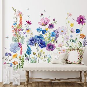 6 Pieces Flowers Wall Decals Vinyl Dragonflies Flowers Wall Stickers Removable Floral Wall Murals Peel and Stick Colorful Flower Wall Decor for Girls Bedroom Living Room Nursery (Beautiful)