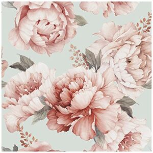 HAOKHOME 93130 Vintage Peel and Stick Peony Floral Wallpaper for Bedroom Azure/Mistyrose Removable Home Wall Decorations 17.7in x 118in
