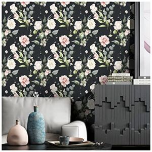 Floralplus Peel and Stick Wallpaper Black Floral Wallpaper Vintage Flower Self Adhesive Wallpaper for Bedroom Bathroom Removable Wallpaper Countertop Cabinet Home Decor 17.7in x 118in