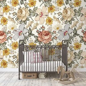 Kids Floral Wallpaper Soft Peony and Daisy Flowers Wall Mural