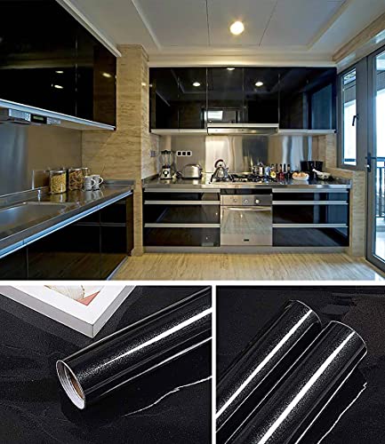 Shiny Black Wallpaper Peel and Stick Wallpaper Glossy Self Adhesive Removable Wallpaper,15.8″ X 393″Waterproof Countertop Paper Black Contact Paper for Cabinet Countertop Furniture Kitchen Vinyl Film | The Storepaperoomates Retail Market - Fast Affordable Shopping