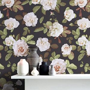 Floralplus Peel and Stick Wallpaper Floral Removable Wallpaper for Bedroom Bathroom Home Decor Vinyl Black Wall Paper 17.7in x 118in