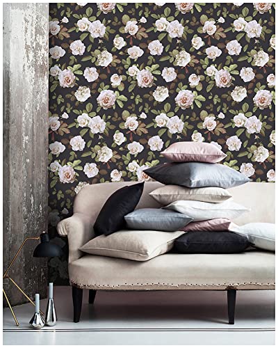 Floralplus Peel and Stick Wallpaper Floral Removable Wallpaper for Bedroom Bathroom Home Decor Vinyl Black Wall Paper 17.7in x 118in | The Storepaperoomates Retail Market - Fast Affordable Shopping