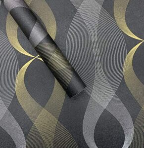 17.7″x472″Black Wallpaper Peel and Stick-Modern Self-Adhesive Wallpaper-Black and Gold Geometric Wallpaper Removable Vinyl Film Waterproof Decorative for Wall Shelf Drawer Cabinet Countertop