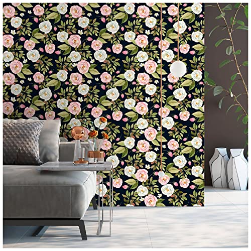 Idomural Black Floral Peel and Stick Wallpaper Vintage Retro Flower Removable Wallpaper Stick on Wallpaper for Accent Wall Home Decor Contact Paper for Cabinet Bedroom Shelf Liner 17.7in x 9.8ft | The Storepaperoomates Retail Market - Fast Affordable Shopping