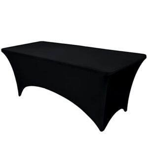 OutdoorLines Fitted Tablecloth Black Table Clothes for 6 Foot Rectangle Table – Elastic Spandex Massage Bed Table Cover, Stretch Wrinkle Free Table Covers for Party, Wedding, Birthday, Banquet, Vendor