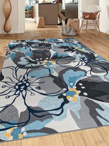 Modern Large Floral Non-Slip (Non-Skid) Area Rug 5 X 7 (5′ 3″ X 7′ 3″) Gray-Blue