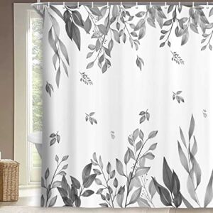 Grey and White Shower Curtains for Bathroom, Botanical Leaves Plant Shower Curtain, Cool Artistic Bathroom Decor Polyester Fabric, 70 x 70 Inches