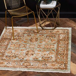 Unique Loom Dorchester Collection Botanical, Border, Traditional Area Rug, Square 4′ 5 x 4′ 5, Light Green/Tan