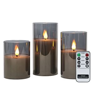 Rhytsing Gray Glass Battery Operated LED Candles with Remote, Flameless Candle Gift Set, Warm White Light, Batteries Included – Set of 3
