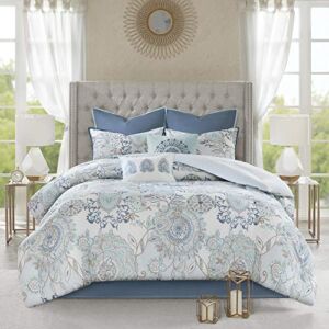 Madison Park Reversible Cotton Comforter Season Set, Matching Bed Skirt, Decorative Pillows, King(104″x92″), Isla, Floral Medallion Blue 8 Piece
