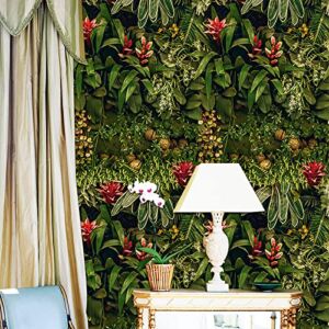 MyFun 11 Yards Rainforest Grass Wallpaper Self Adhesive, Green Red Flower Jungle Peel and Stick Wall Decal TV/Room Backdrop 32.8 Ft X 17.9 inch