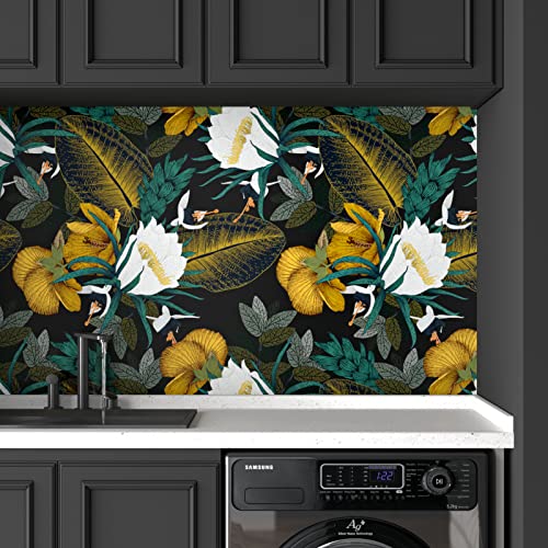 Yullpaper Black Floral Wallpaper Peel and Stick Vintage Flower Wallpaper Removable Green Leaf Wall Paper Decorative Multicolor Floral Contact Paper for Walls Shelves Bedroom Bathroom Vinyl 17.5″x80″ | The Storepaperoomates Retail Market - Fast Affordable Shopping