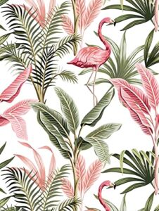 Meihodan Watercolor Pink Flamingo Tropical Peel and Stick Wallpaper Removable Green Leaf Vinyl Self Adhesive Wallpaper for Wall Decor 17.7in x 9.8ft