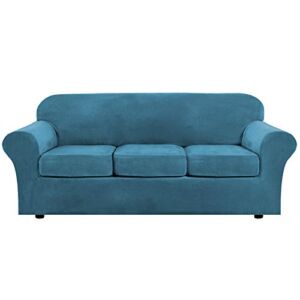 Modern Velvet Plush 4 Piece High Stretch Sofa Slipcover Sofa Cover Furniture Protector Form Fit Luxury Thick Velvet Sofa Cover for 3 Cushion Couch, Machine Washable (Sofa,Peacock Blue)