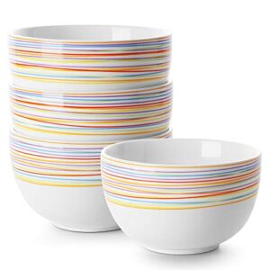 DOWAN Deep Cereal Bowls, 30 oz Deep Soup Bowls for Eating, Ceramic Serving Bowls for Oatmeal – Microwave Safe, Set of 4, White with Rainbow Stripes