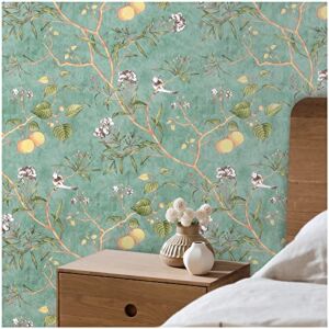 SUNBABY Peel and Stick Wallpaper Vintage Floral:Green Flower and Bird Contact Paper Removable Self-Adhesive Wallpaper for Cabinets Home Decoration (17.7 ’’ * 118.1’’)