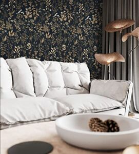 Dimoon 78.7″x16.1″ Delicate Floral Peel and Stick Wallpaper Black Golden Thicken Waterproof Leaf Vintage Flower Contact Paper Self Adhesive Wallpaper Removable Wall Paper Shelf Liner Decal Vinyl Roll