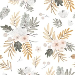 Boho Wallpaper Peel and Stick Watercolor Autumn Flowers Wallpaper Honey Wheat Watercolor Leaf Wallpaper White Removable Wallpaper Wall Decor 17.32″x236.22″ Covering 30 sq.ft