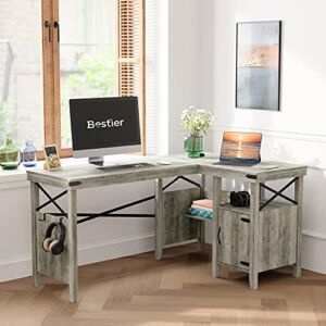 Bestier L-Shaped Computer Desk with Storage Cabinet and Bookshelf, 60 x 42 Inch Convertible Corner Home Office Table, Gray