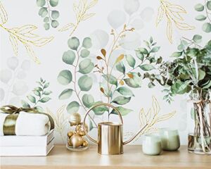 13.8 x 118” Eucalyptus Leaf Floral Peel and Stick Wallpaper Boho Green and Gold Eucalyptus Leaf Removable Wall Sticker Gold Watercolor Plant Decorative Self Adhesive Wall Mural for Bedroom Bathroom