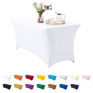 ManMengJi White Spandex Table Cover 6 ft, Stretch Tablecloths for Standard Folding Tables, Universal Rectangular Fitted Table Cloths for Wedding, Banquet, Party and Events