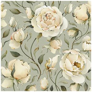 HaokHome 93242-2 Vintage Roses Floral Peel and Stick Wallpaper Peonies Removable Khaiki/Beige/Olive Vinyl Self Adhesive Mural 17.7in x 9.8ft