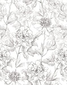 JiffDiff Floral Wallpaper Black & White Peel and Stick Wallpaper Vintage Peony Wallpaper Sketched Floral Self-Adhesive Prepasted Wallpaper Wall Decor Contact Paper Covering 30sq.ft