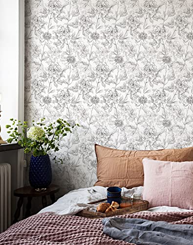 JiffDiff Floral Wallpaper Black & White Peel and Stick Wallpaper Vintage Peony Wallpaper Sketched Floral Self-Adhesive Prepasted Wallpaper Wall Decor Contact Paper Covering 30sq.ft | The Storepaperoomates Retail Market - Fast Affordable Shopping
