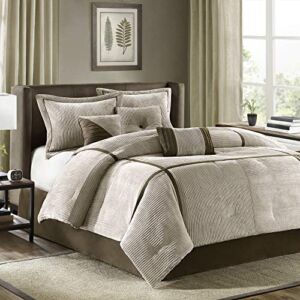 Madison Park Cozy Comforter Set Casual Blocks Design All Season, Matching Bed Skirt, Decorative Pillows, King (104 in x 92 in), Dallas Corduroy, Taupe Brown, 7 Piece