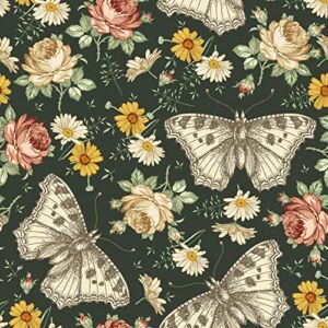 VaryPaper Dark Floral Wallpaper Peel and Stick Wallpaper Vintage Daisy Peony Butterfly Wallpaper Mural 17.7″x78.7″ Waterproof Removable Wall Paper Black Floral Contact Paper for Cabinets Drawers Walls