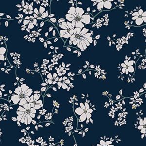 VaryPaper 17.7″x315″ Navy Blue Floral Wallpaper Peel and Stick Wallpaper Floral Contact Paper Vintage Cherry Blossom Wallpaper Dark Floral Wall Mural Removable Wall Paper for Bedroom Bathroom Kitchen