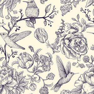 CHIHUT Purple Birds Floral Wallpaper Peel and Stick Vintage Peony Floral Leaf Removable Wallpaper Waterproof Floral Contact Paper for Cabinets Shelf Lines Self Adhesive Birds Wallpaper 17.7”x100”