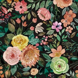 Watercolor Roses Wallpaper Peel and Stick Pink Blooms Wallpaper Waterproof Floral Nursery Wall Decor 17.73″x236.22″(Black Floral-30sq.ft)