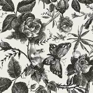 Vintage Flower Contact Paper Black and Beige Peel and Stick Wallpaper Floral Sketch Rose Butterfly Removable Wallpaper Self Adhesive Wallcovering for Dresser Cabinets Bedroom Walls 15.75″×118″
